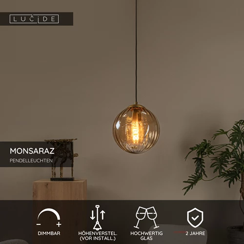 Lucide MONSARAZ - Pendelleuchten - Ø 25 cm - 1xE27 - Amber - USP